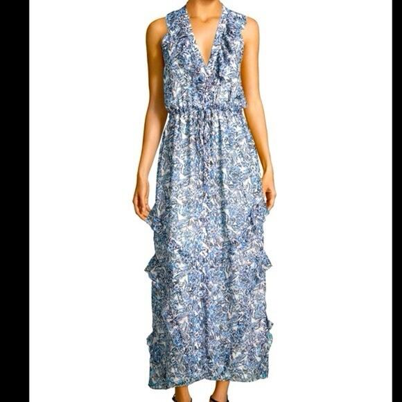 Saloni Lizzie Silk Maxi Dress Blue Ruffle Floral Sleeveless V Neck Tie Waist XS - Picture 2 of 14